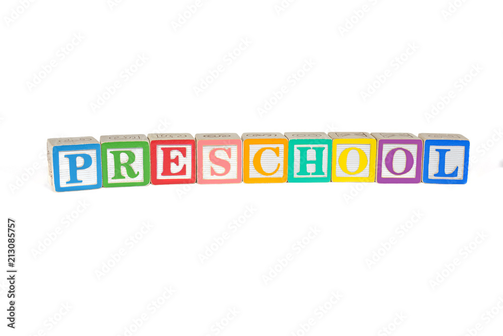 Colorful wooden blocks spell Preschool