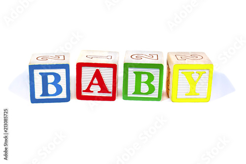Colorful wooden blocks spell Baby