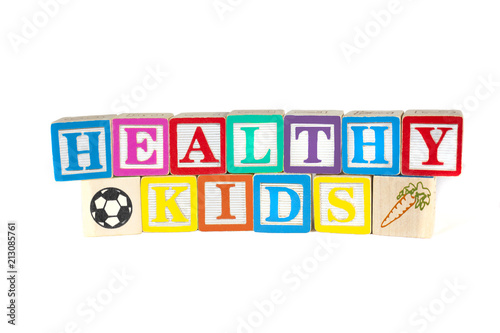 Colorful wooden blocks spell Healthy Kids