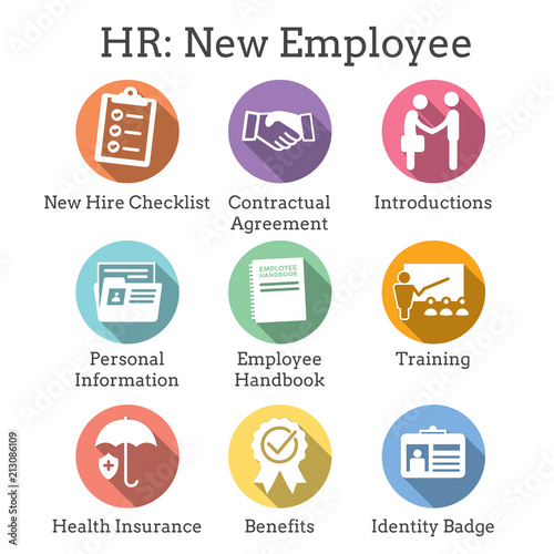 New Employee Hiring Process icon set   w checklist, handshake, training, etc