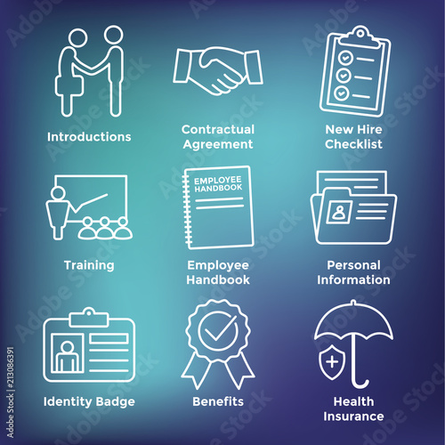 New Employee Hiring Process icon set   w checklist, handshake, training, etc