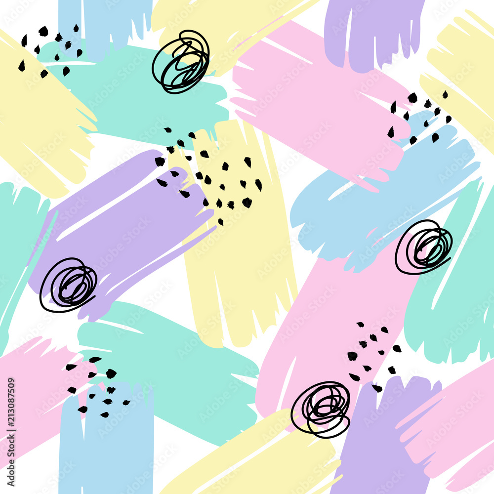 Abstract seamless pattern with brush strokes in memphis style. Hand drawn background for printing brochure, poster, party, summer print, vintage textile design, card. Pastel colors. Vector.