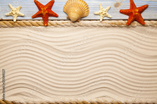 Four starfish and shell on wooden plank, hawser and beach sand