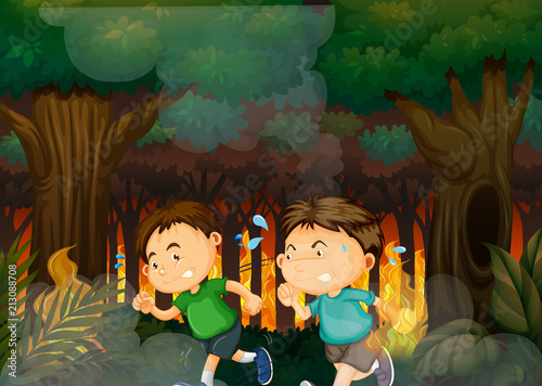 Boys Running Away from Forest Wildfire