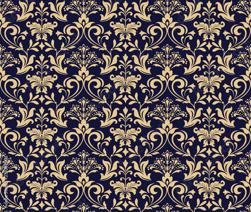Wallpaper in the style of Baroque. Seamless vector background. Dark blue and gold floral ornament. Graphic pattern for fabric, wallpaper, packaging. Ornate Damask flower ornament