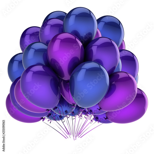 colorful party balloons bunch purple blue. birthday, carnival, celebrate decoration. helium balloon bunch glossy. invitation, greeting card design element. 3d illustration