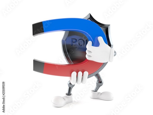 Police badge character holding horseshoe magnet