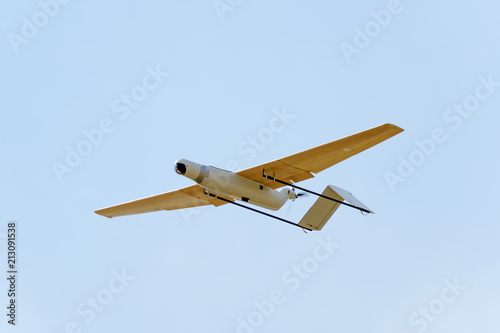 Surveillance drone prototype flying in a test session