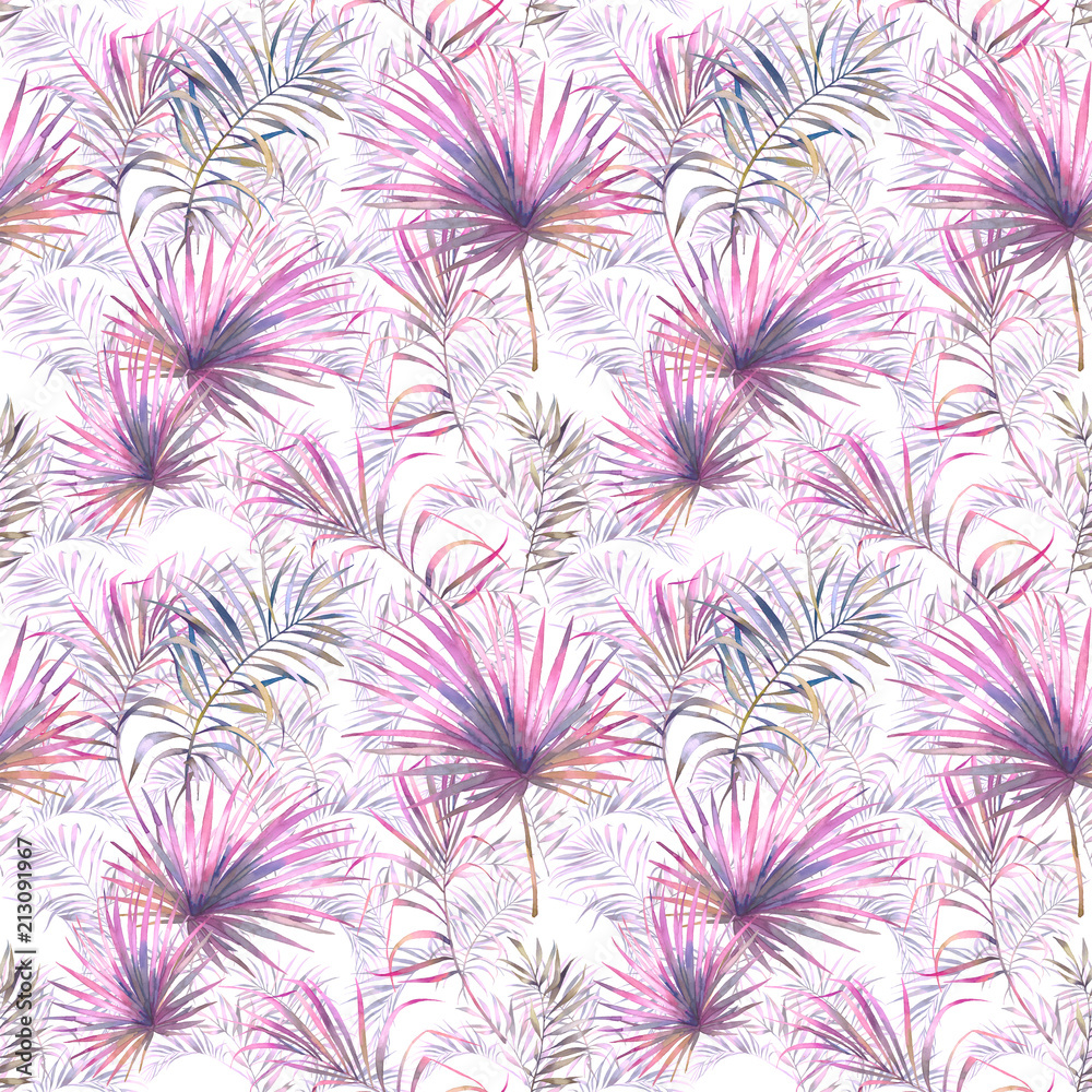 Watercolor palm tree branches ornament. Hand painted floral repeating texture on white background. Summer wallpaper design for textile, paper, web