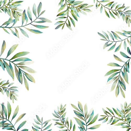 Watercolor floral frame with various green plants and waxlowers. Hand drawn natural invitation with branches  leaves isolated on white background. Wedding or greeting design in rustic style