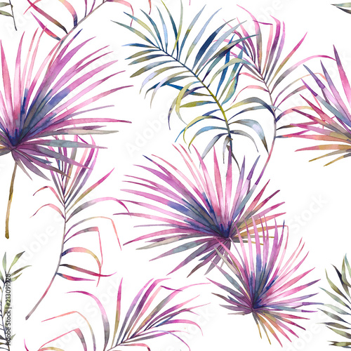 Watercolor summer floral texture. Hand drawn seamless pattern with exotic leaves and branches on white background. Palm tree wallpaper design
