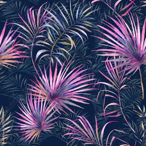 Tapety Lato palmy pozostawia wzór. Akwarela zielone gałęzie na ciemnym niebieskim tle. Ręcznie rysowane egzotyczne tapety