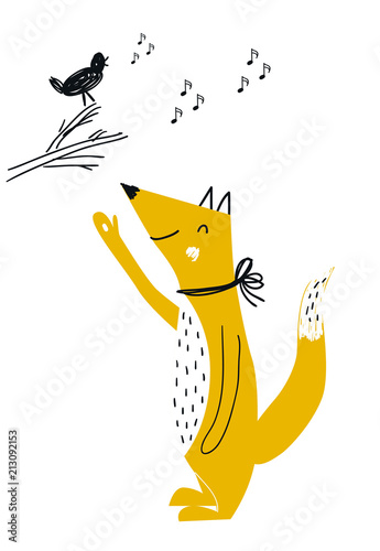 Cute hand drawn nursery poster with hungry red fox and bird on a branch. Vector illustration in scandinavian style