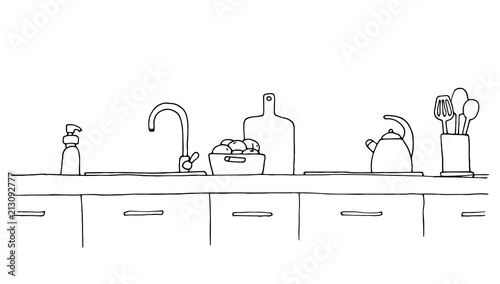 Kitchen worktop with sink. The sketch of the kitchen.