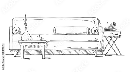 Linear sketch of an interior. Hand drawn vector illustration of a sketch style.