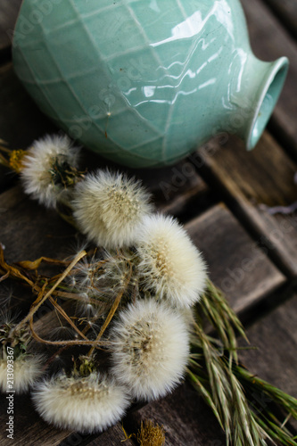 dandelions and a fallen vase