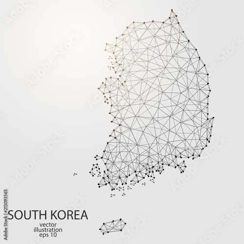 A map of South Korea consisting of 3D triangles, lines, points, and connections. Vector illustration of the EPS 10.