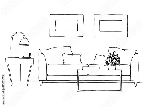 Linear sketch of an interior. Hand drawn vector illustration of a sketch style