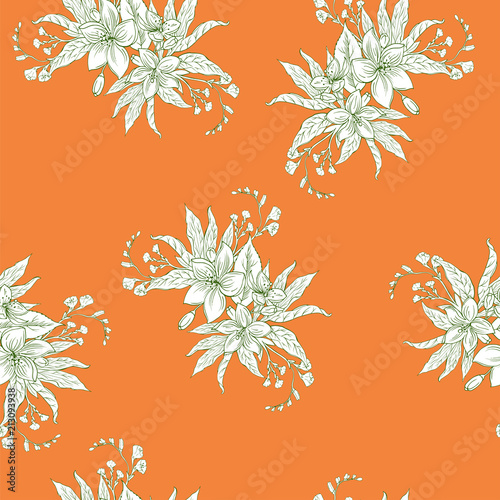 Seamless pattern with floral bouquets on bright orange background. Hand drawn vector ilustration.