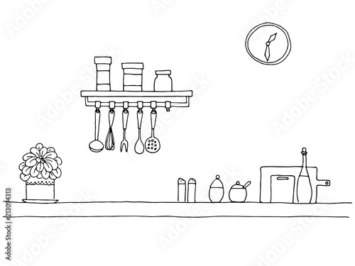 Kitchen worktop. Table top in the kitchen. Vector illustration in sketch style