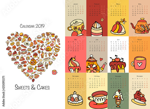 Cakes and sweets, calendar 2019 design
