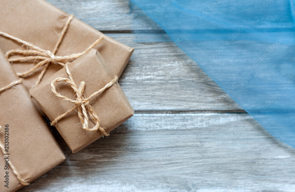 Christmas gift packs with rustic background