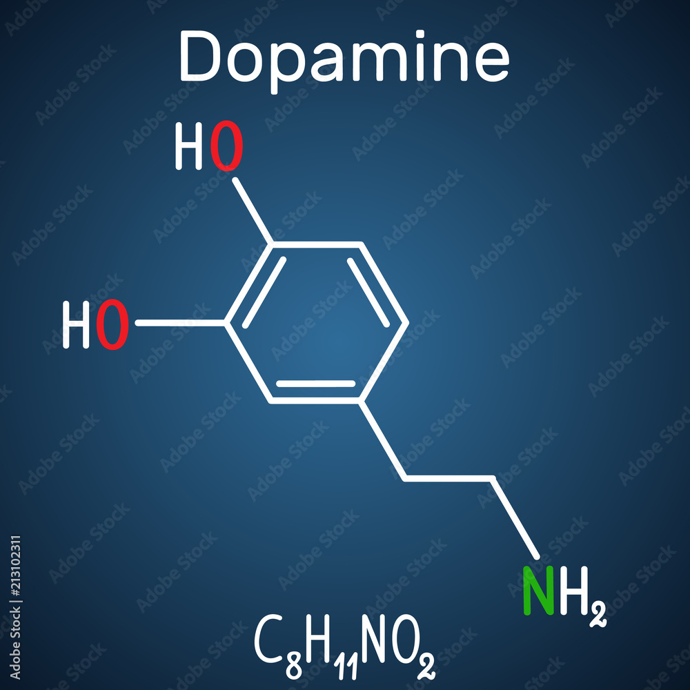 Dopamine ( DA) molecule. Structural chemical formula and molecule model on the dark blue background Dopamine ( DA) molecule. Structural chemical formula and molecule model on the dark blue background