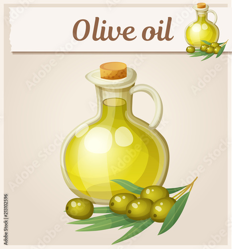 Olive oil in bottle. Cartoon vector icon. Series of food and drink and ingredients for cooking