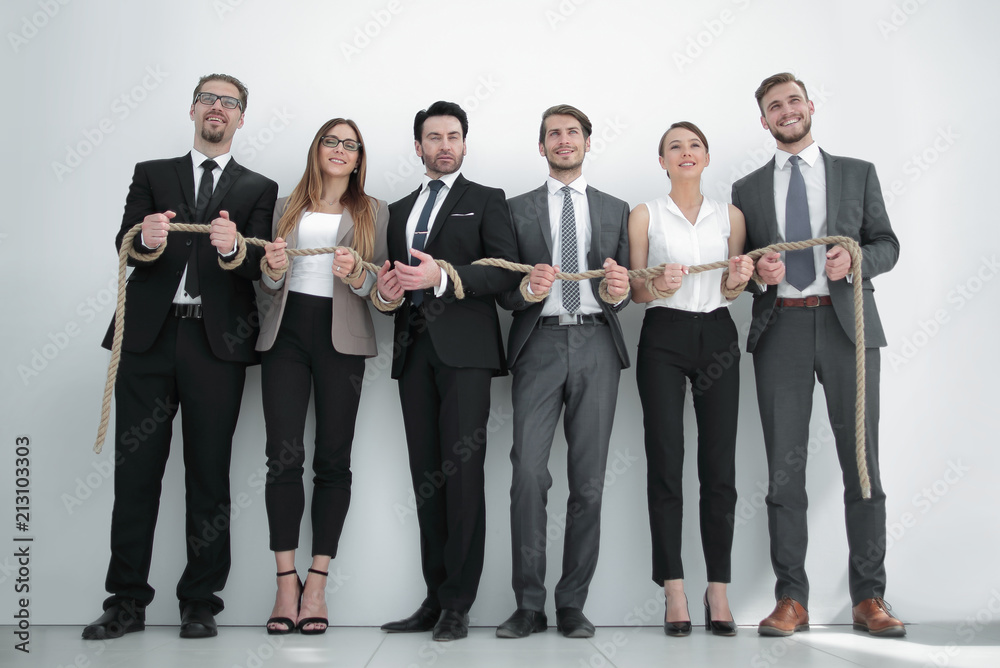 colleagues with wrists tied with a rope