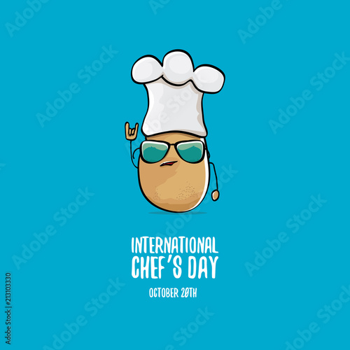 International chef day vector greeting card. vector funny cartoon tiny brown smiling chef potato with hat isolated on blue background.