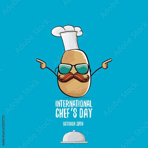 International chef day vector greeting card. vector funny cartoon tiny brown smiling chef potato with hat isolated on blue background.