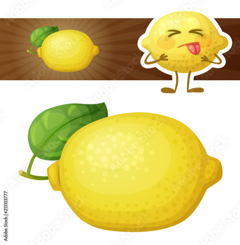 Whole lemon fruit illustration. Cartoon vector icon isolated on white background. Cute lemon character. Series of food and drink and ingredients for cooking
