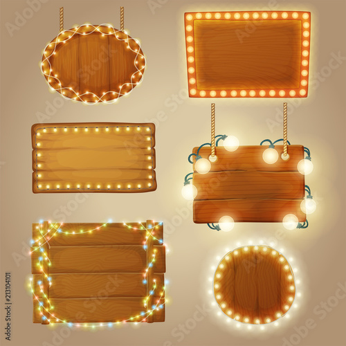 Set of wooden banners with decorative light garlands. Cartoon vector illustration