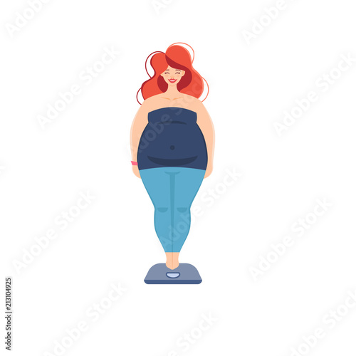 Fat girl on weighing scales.