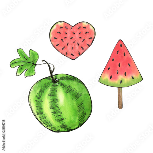 Watercolor watermelon heart  ice cream  illustration, isolated summer food organic fruit set