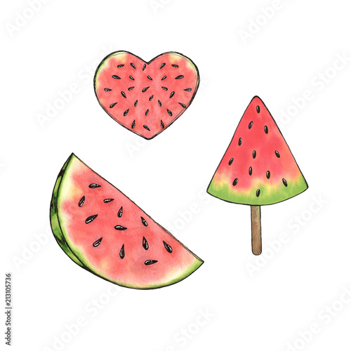 Watercolor watermelon heart  ice cream  illustration, isolated summer food organic fruit set
