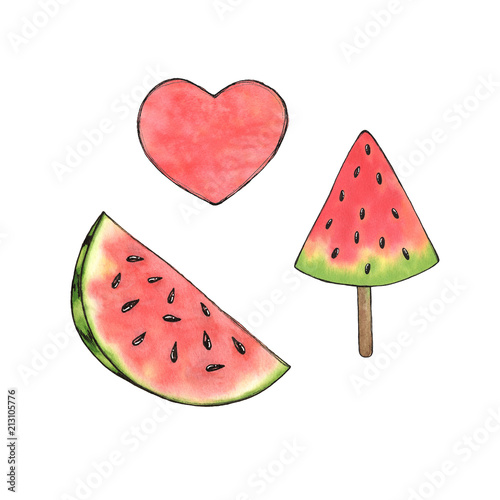 Watercolor watermelon heart  ice cream  illustration, isolated summer food organic fruit set