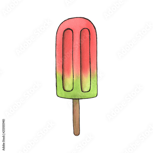 Watercolor watermelon ice cream illustration, isolated summer food organic fruit set