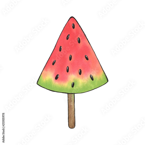 Watercolor watermelon ice cream illustration, isolated summer food organic fruit set