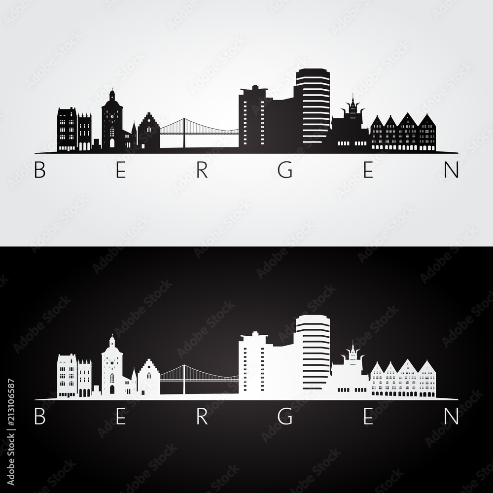 Bergen skyline and landmarks silhouette, black and white design, vector illustration.