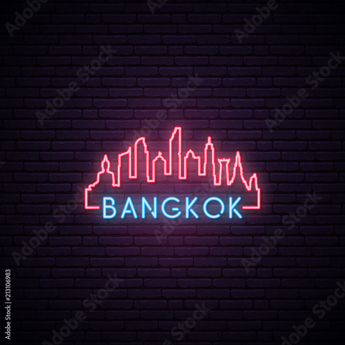 Concept neon skyline of Bangkok city. Bright Bangkok banner. Vector illustration.