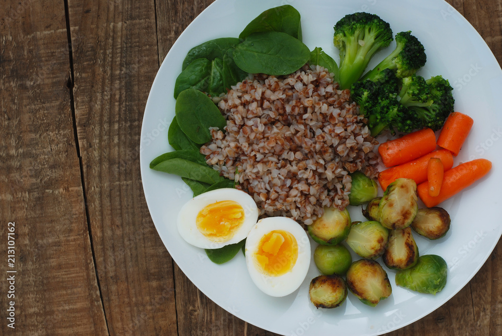 Healthy Diet Fitness Healthy Diet Buckwheat Egg Boiled Half Salad Brussele Cabbage Carrots Copy Space Healthy Diet Fitness Healthy Diet Buckwheat Egg Boiled Half Salad Brussele Cabbage Carrots Copy Space