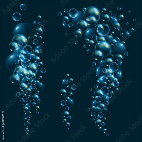 Underwater fizzing air bubbles stream on dark background. Fizzy sparkles in water, sea, aquarium. Effervescent drink. Undersea vector texture.