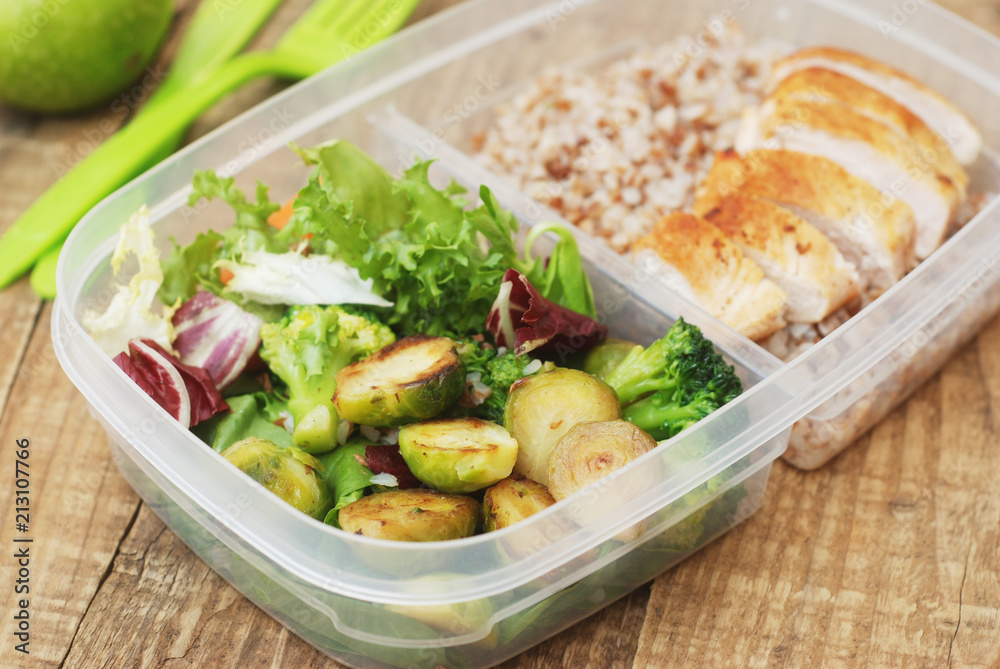 Lunch Box Healthy Food Take Away Plastic Container Buckwheat Salad Chicken Meat Brest Rustic Wooden Board Lunch Box Healthy Food Take Away Plastic Container Buckwheat Salad Chicken Meat Brest Rustic Wooden Board