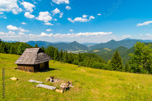 Shelter cabin hut with view to valley, Velka Fatra, Western Carpathians, Slovakia photo