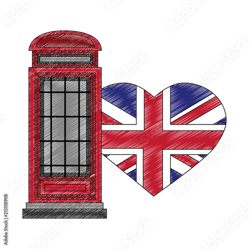 classic british telephone booth with flag great britain in shape heart