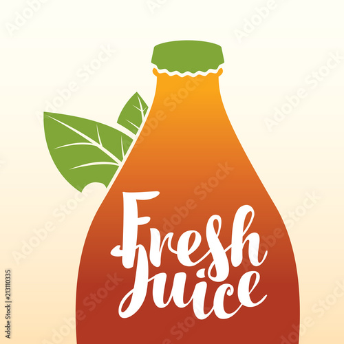 Vector banner with bottle, green leaves and inscription fresh juice
