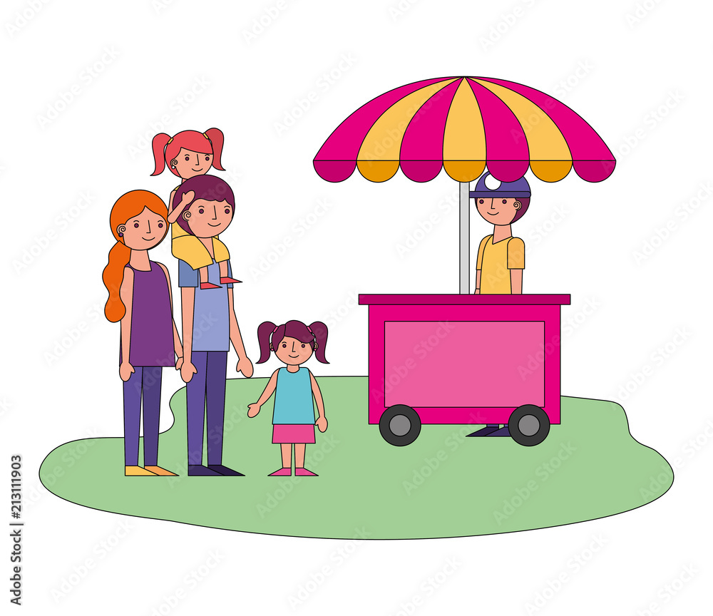 shop fast food cart with family icon shop fast food cart with family icon