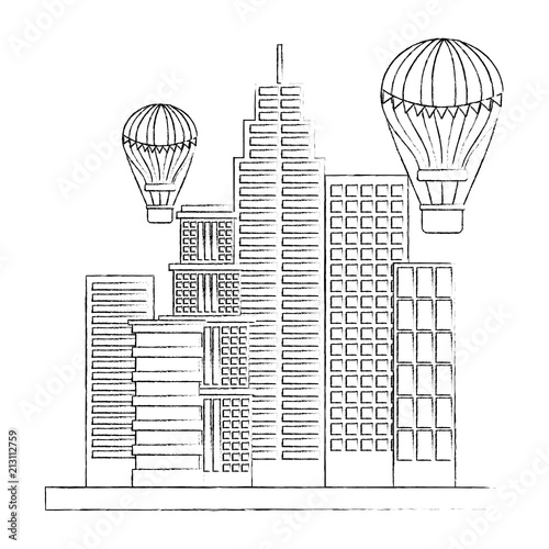city building flying hot air balloons