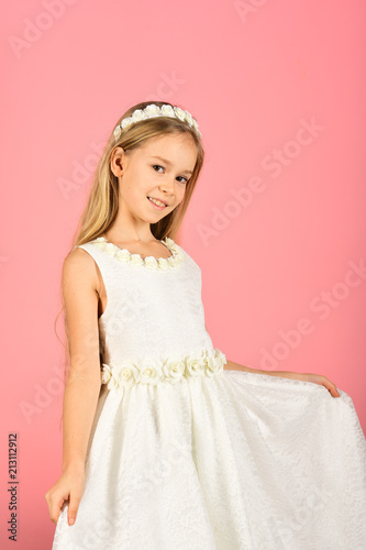 Little girl in fashionable dress, prom. little girl or kid in white wedding dress.